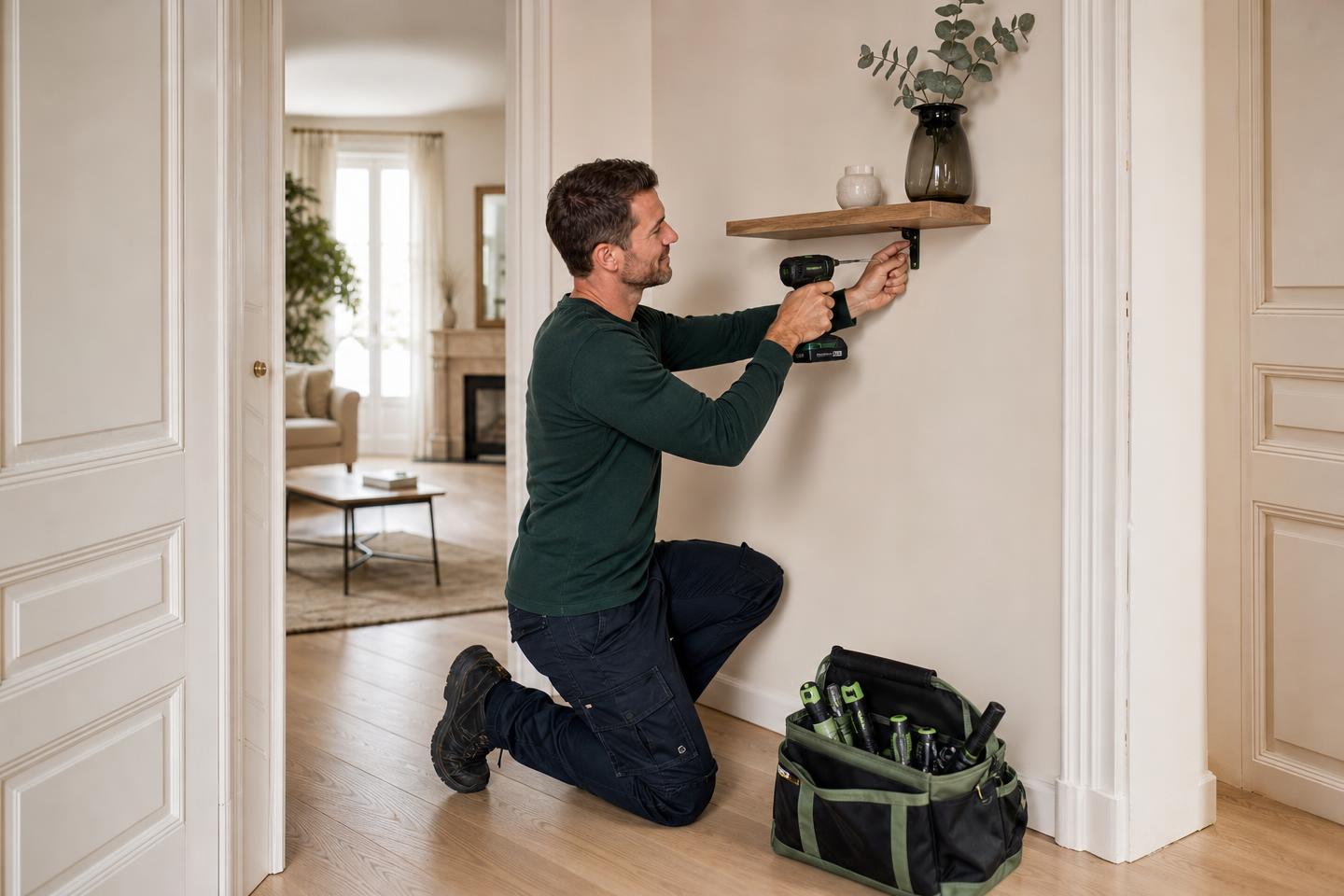 Professionnel du bricolage installant une étagère dans un appartement à Clermont-Ferrand